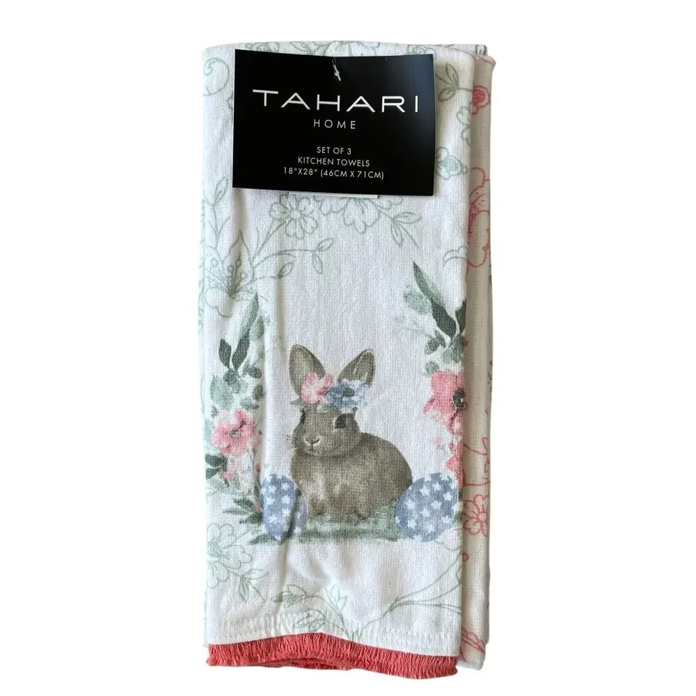 TAHARI HOME Kitchen Towels 3pk Easter Bunny Rabbit Garden Flowers 18